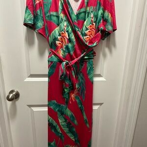 Tropical Floral Wrap Midi Dress